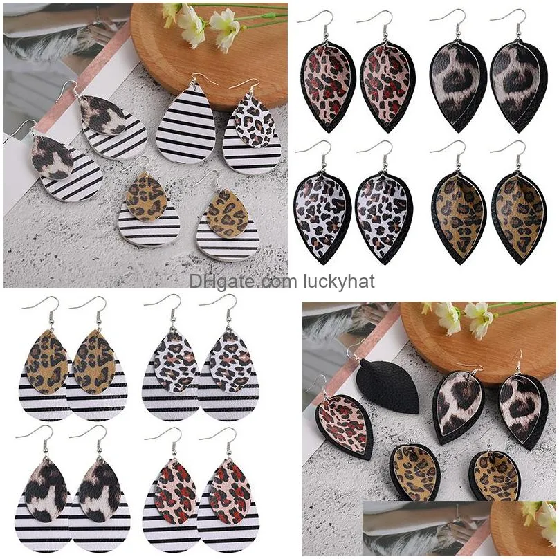 fashion leather leaf waterdrop dangle earrings zebra black white stripes leopard double layer earring for elegant girls women jewelry