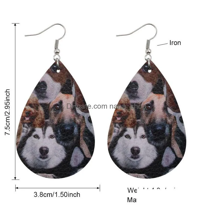 cute animal print pu leather dangle earring for women double side cat dog owl pattern waterdrop faux leather earrings party jewelry