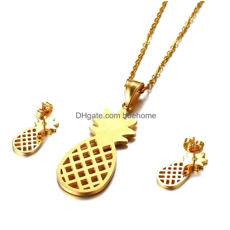 gold engagement jewelry hollow cz charm stainless steel pineapple pendant necklace stud earrings wholesale jewelry set for women