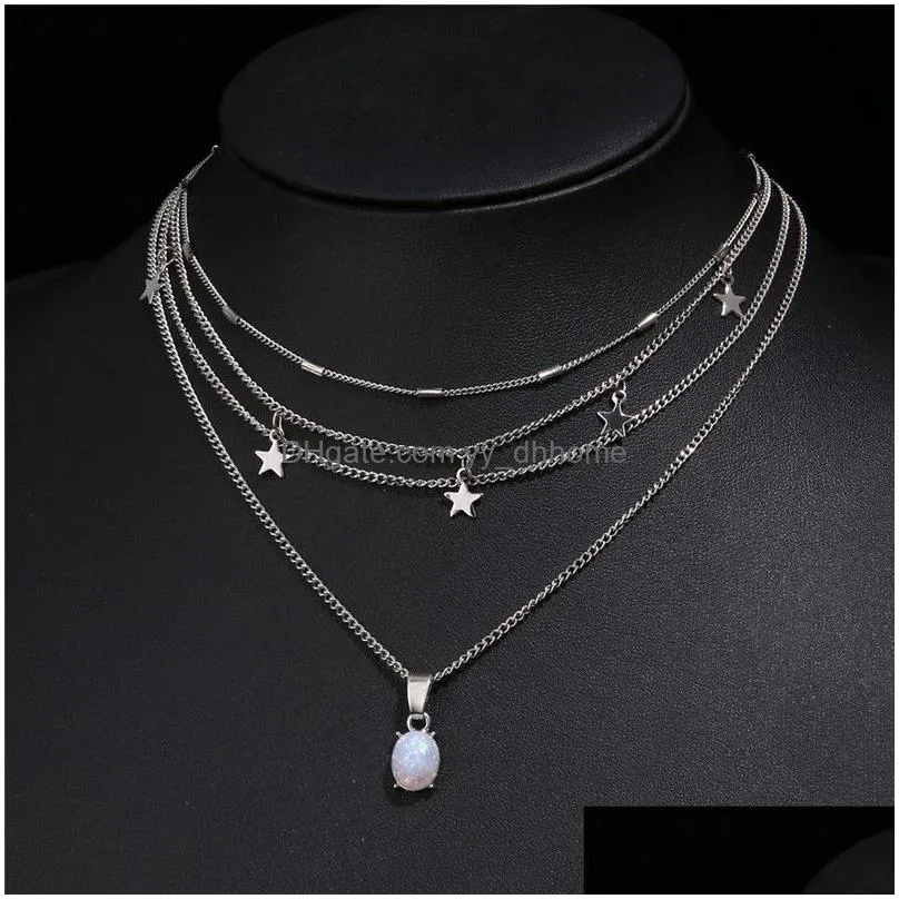 bohemian fashion pentagram pendnat necklace fivepointed star pendant multi layer necklace silver chain choker trend party jewelry