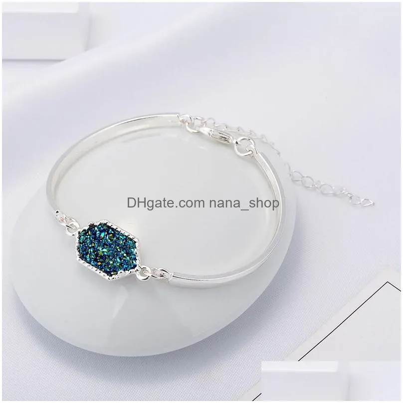  resin druzy bracelet hexagon crystal stone bracelet cuff bangle gold silver color brand jewelry for women gift wholesale