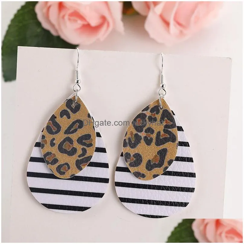 fashion leather leaf waterdrop dangle earrings zebra black white stripes leopard double layer earring for elegant girls women jewelry