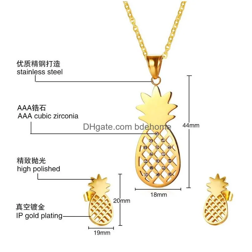 gold engagement jewelry hollow cz charm stainless steel pineapple pendant necklace stud earrings wholesale jewelry set for women
