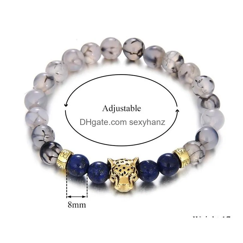 beaded bracelet with leopard  head charms lapis lazuli beads bracelets bangles charm natural stone yoga bracelet for women men