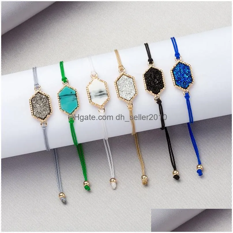 fashion gold sparkling crystal quartz druzy bracelets natural resin stone wax rope bracelets bangles for women summer beach chain cuff