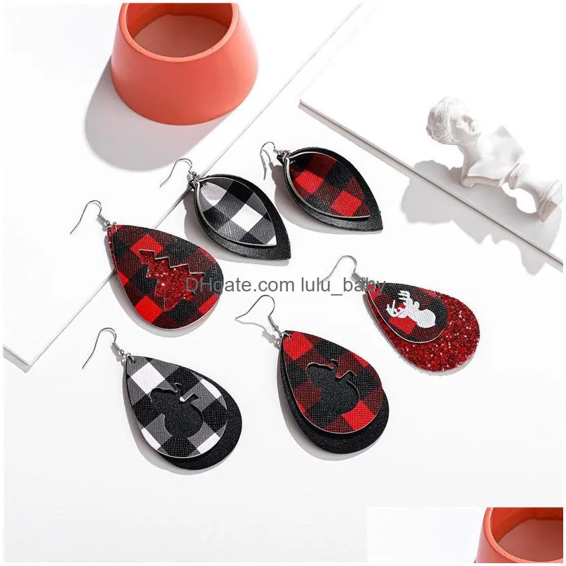 christmas tree pu leather earring red plaid sequin lattice water drop earring christmas deer head ear jewelry for women