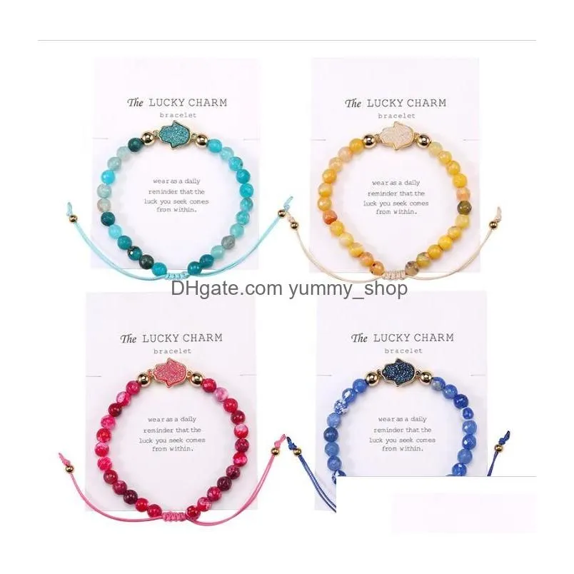natural stone agate beaded strands druzy charm bracelet for women handmade fatima hamsa hand beads braided bracelets with card jewelry friends