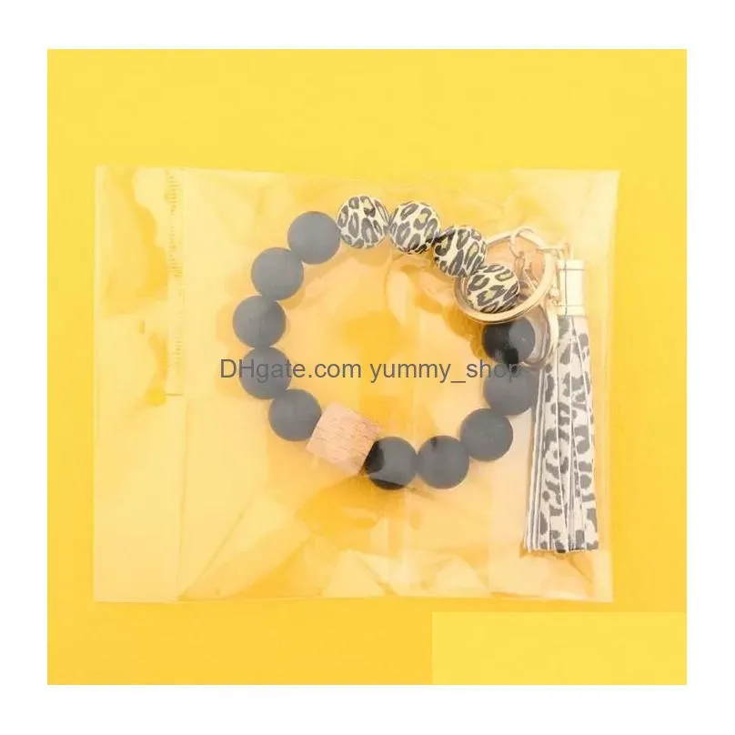 wooden tassel bead string bracelet keychain food grade silicone beads bracelets women girl key ring wrist strap