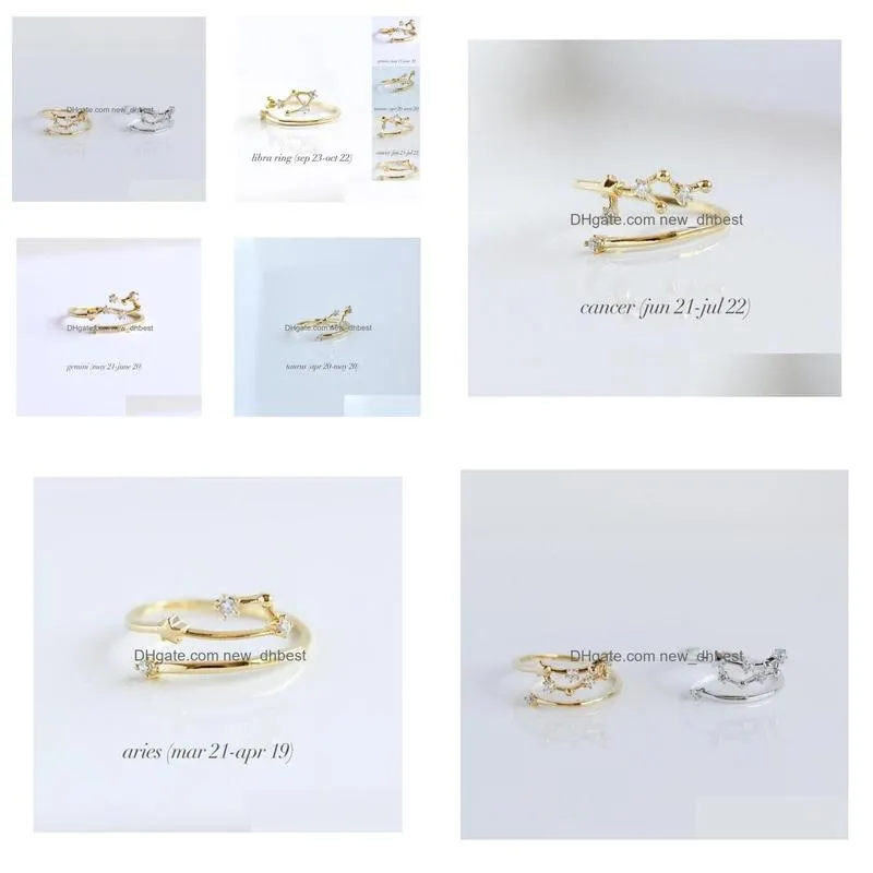 12 constellations band rings rhinestone amulet zodiac signs gold silver colors fashion anniversary jewelry