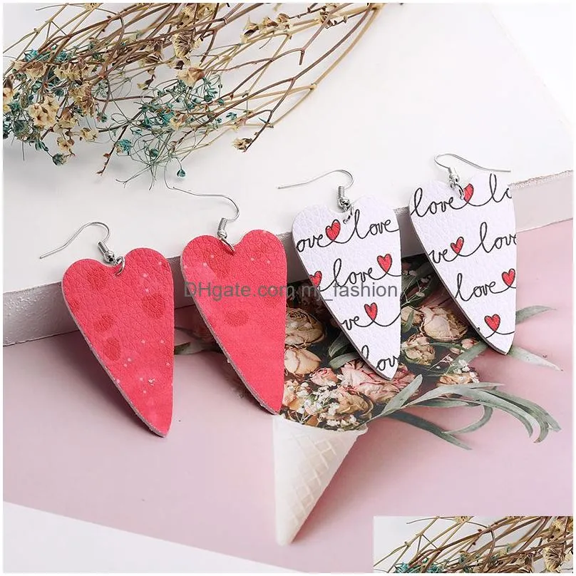 red heart hollow design drop earrings faux leather angel print double side light weight dangle earring geometric statement jewelry