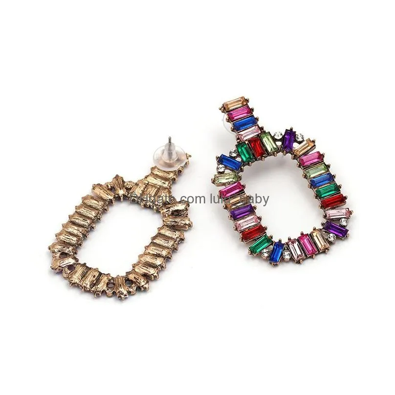 colorful crystal square dangle earrings 2019 arrival fashion jewelry ethnic big rhinestone geometry earrings for lady women
