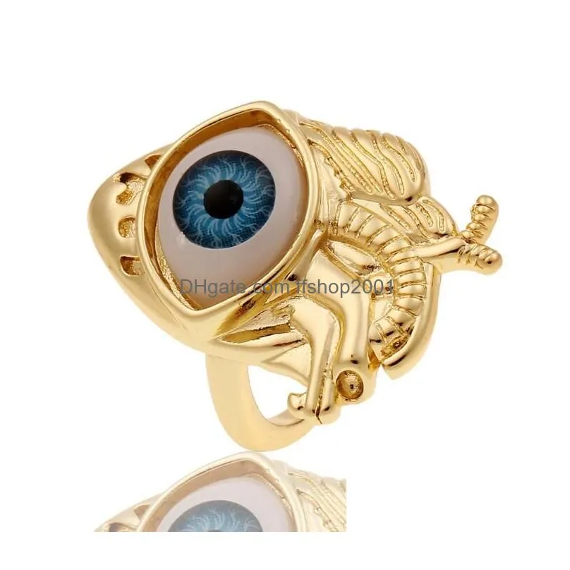 fashion gold evil blue eye band rings adjustable simple style tail ring copper jewelry ring gift for men women