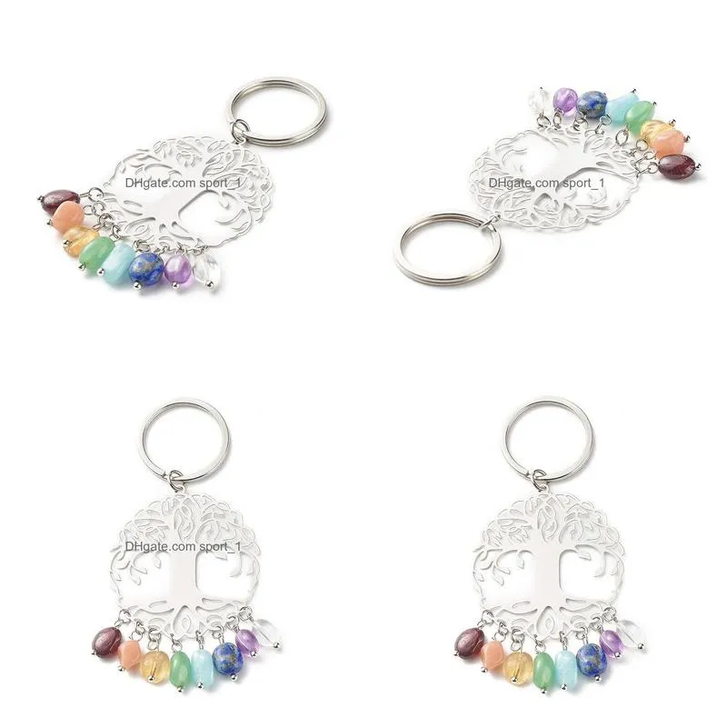 colorful gem life tree keychain pendant natural crystal stone keychains keyring fashion accessories key chains