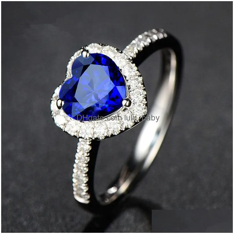 blue austrian crystal heart love rings for women clear rhinestone romantic rings wedding jewelry party wholesale 