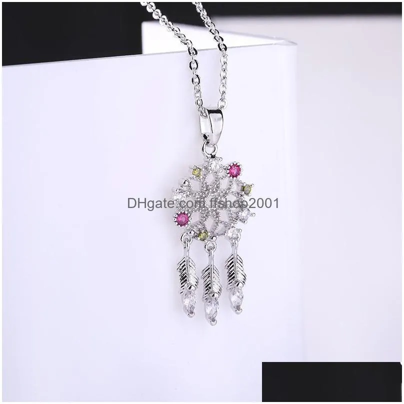  est hollow dream catcher pendant necklace for women cubic zircon gold pendant necklace feather charm fashion lady girls jewelry