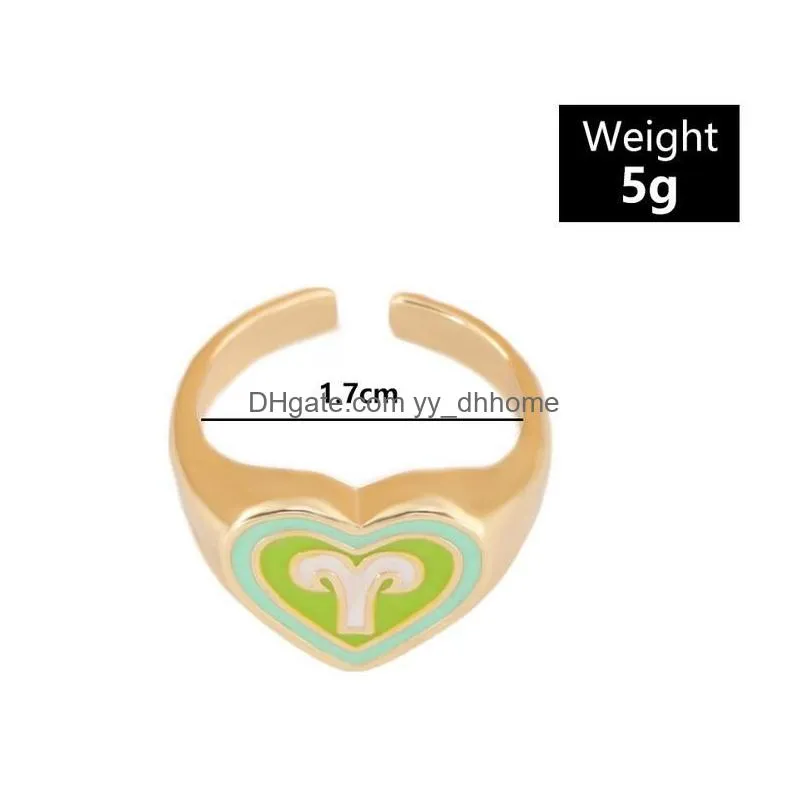 star zodiac sign band ring candy color copper material double love heart 12 constellation rings for women girls fashion jewelry