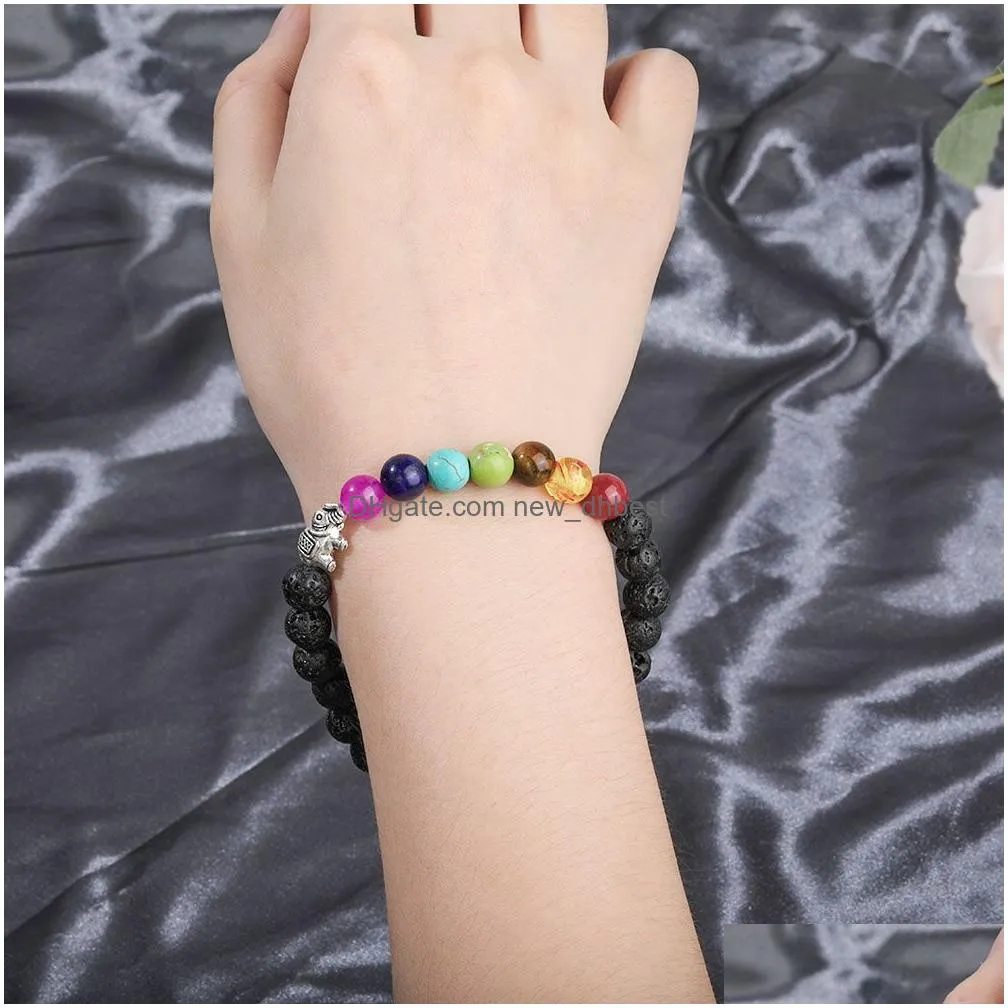 7 chakra natural stone bead bracelet cute friendship elephant charm bracelets  oil diffuser yoga bracelet