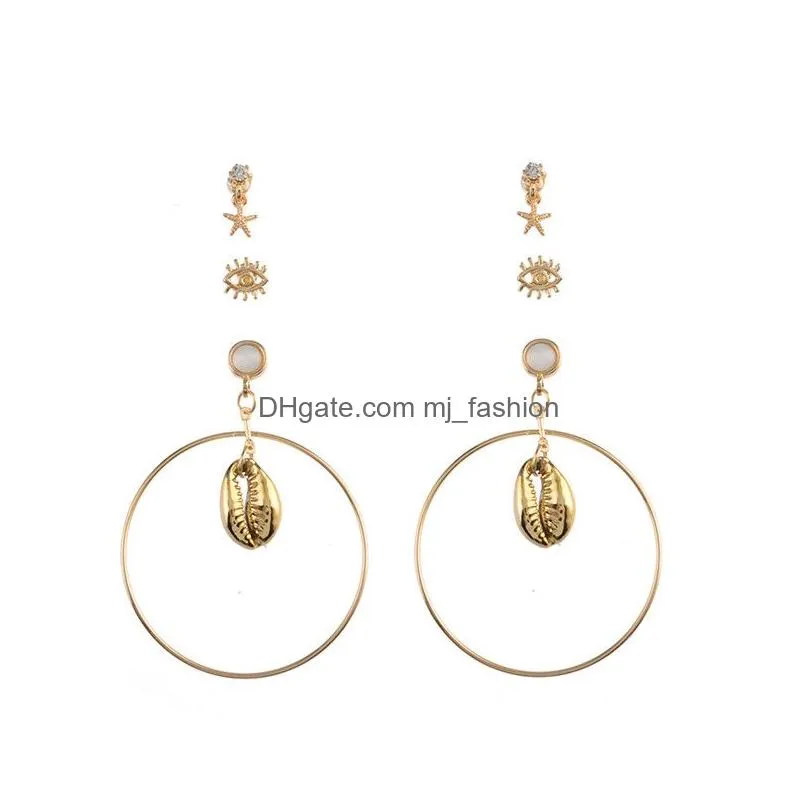 3 pairs/set big circle shell eye earrings for woemen and girls female starfish eye rhinestone stud earring jewelry gifts 2019 fashion