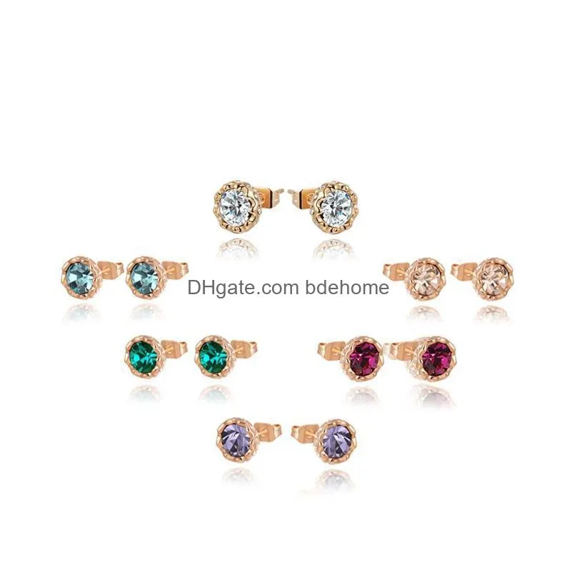 6 colors fashion snow lotus earrings rose gold color small stud earrings for elgant women girls with colorful austrian crystals