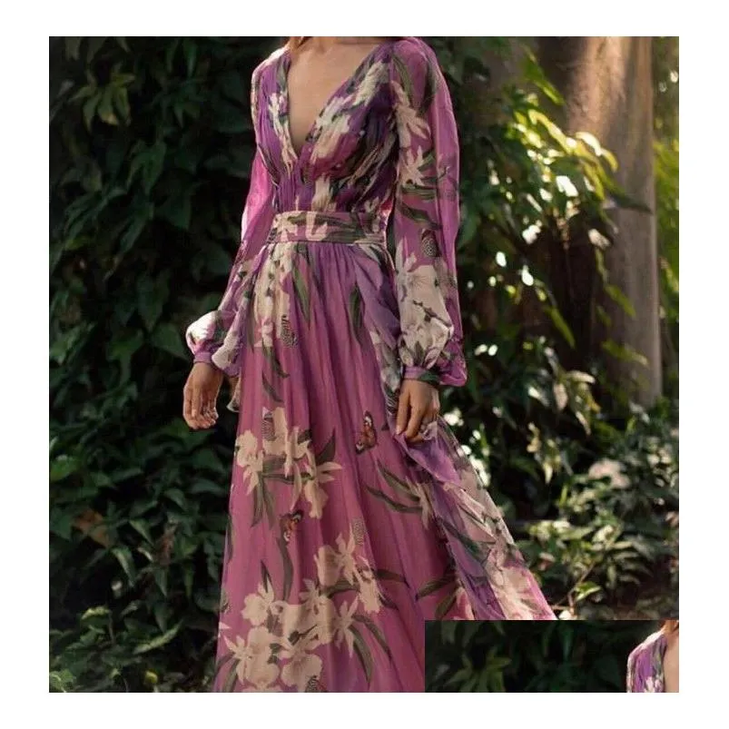 autumn women dresses fashion bohemian floral printed v neck long sleeve pleated chiffon dress wholesale ship z4 casual