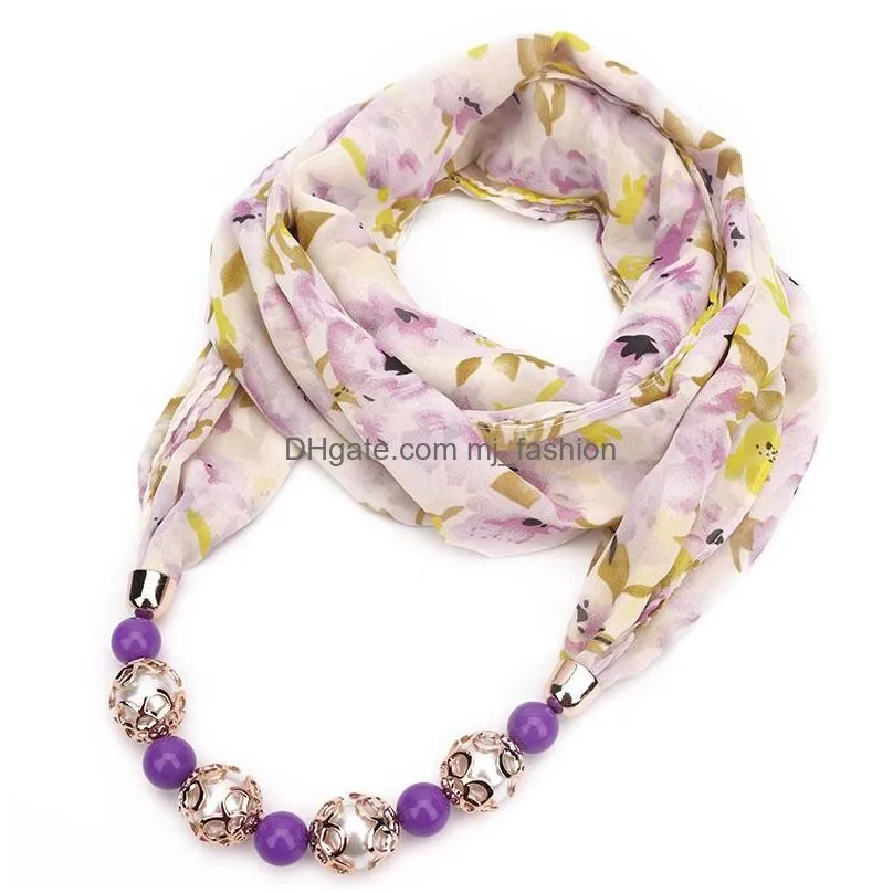 ethnic style print scarf acrylic beads scarf necklace for women soft chiffon scarves neckerchief autumn and winter jewelry bohemian