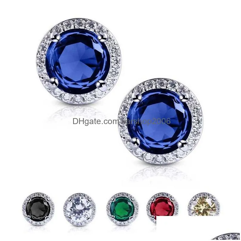 fashion elegant cubic zirconia stud earrings 11mm round 6 colors rhinestone zircon earrings for women girls hypoallergenic wedding