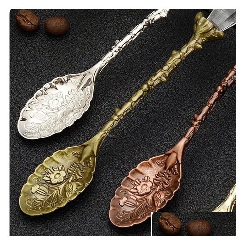 vintage spoons carved crystal head pattern alloy leaf spoon nordic creative mug coffee ice cream spoon 11x1.9cm