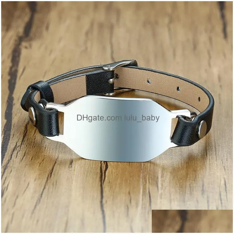  dog tag leather bracelet mens stainless steel mens bracelet personalized diy custom engrave name bangle gift blank adjustable