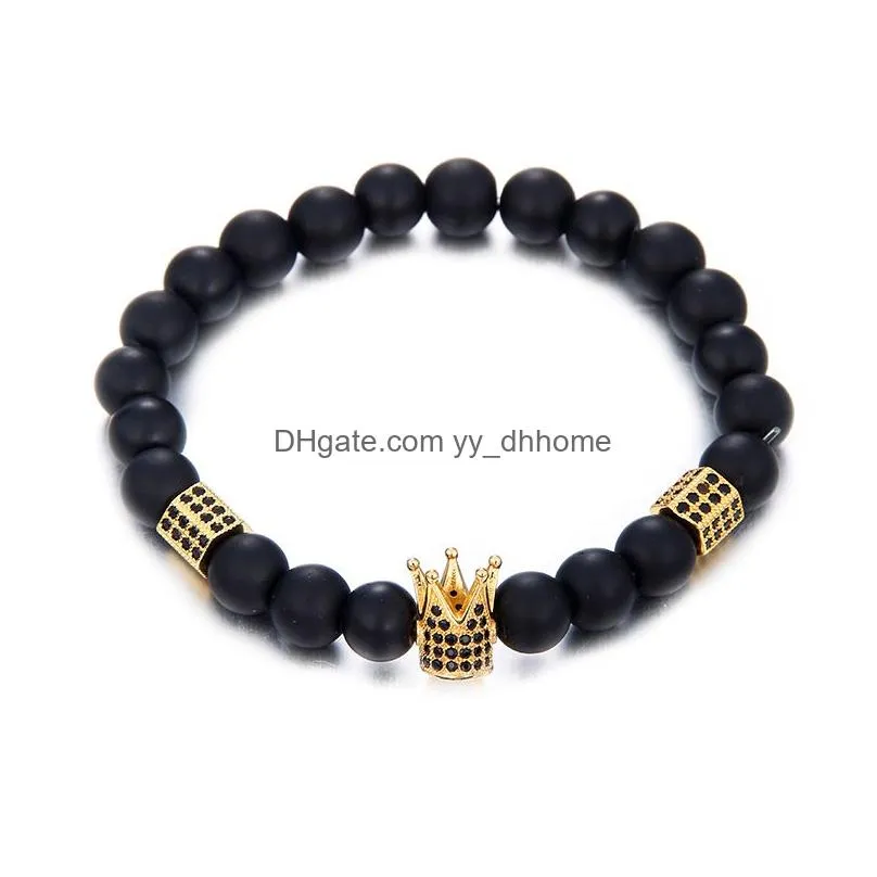  trendy gold silver king crown charm bead bracelet for men women cylinder 8mm natural stone matte bead bracelets jewelry gift