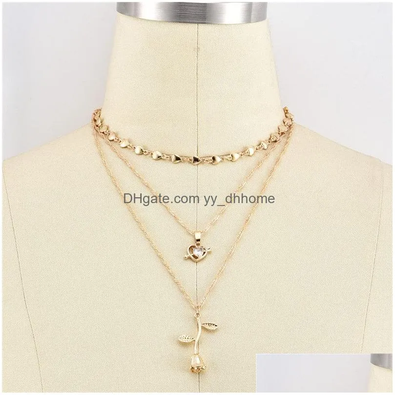  style gold multilayer rose necklaces pendants jewelry for women heart cupid zircon love charm necklace girlfriend gift party