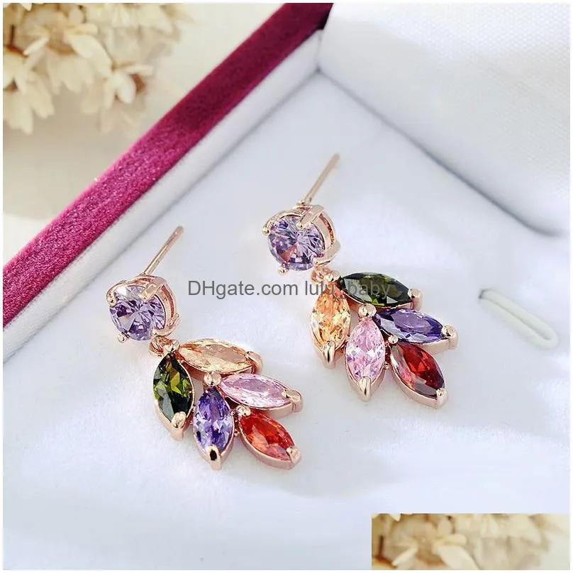  fashion colorful zircon leaf earrings for women rose gold plated zircon leaves rainbow drop earrings trendy jewelry for party