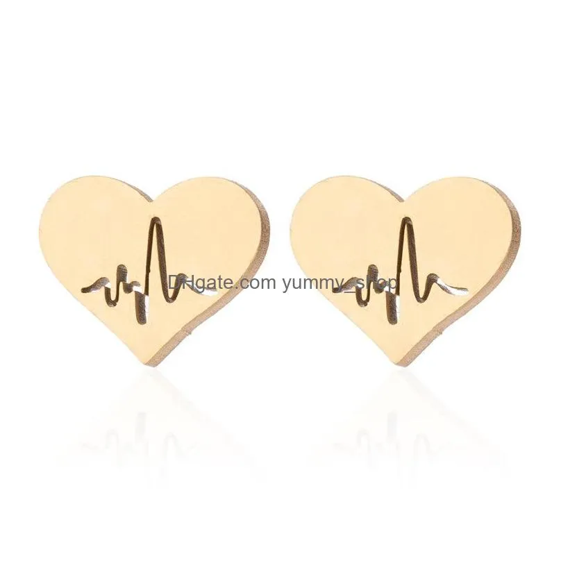 stainless steel love heart necklace women gold heartbeat stud earrings jewelry sets for girls wedding jewelry