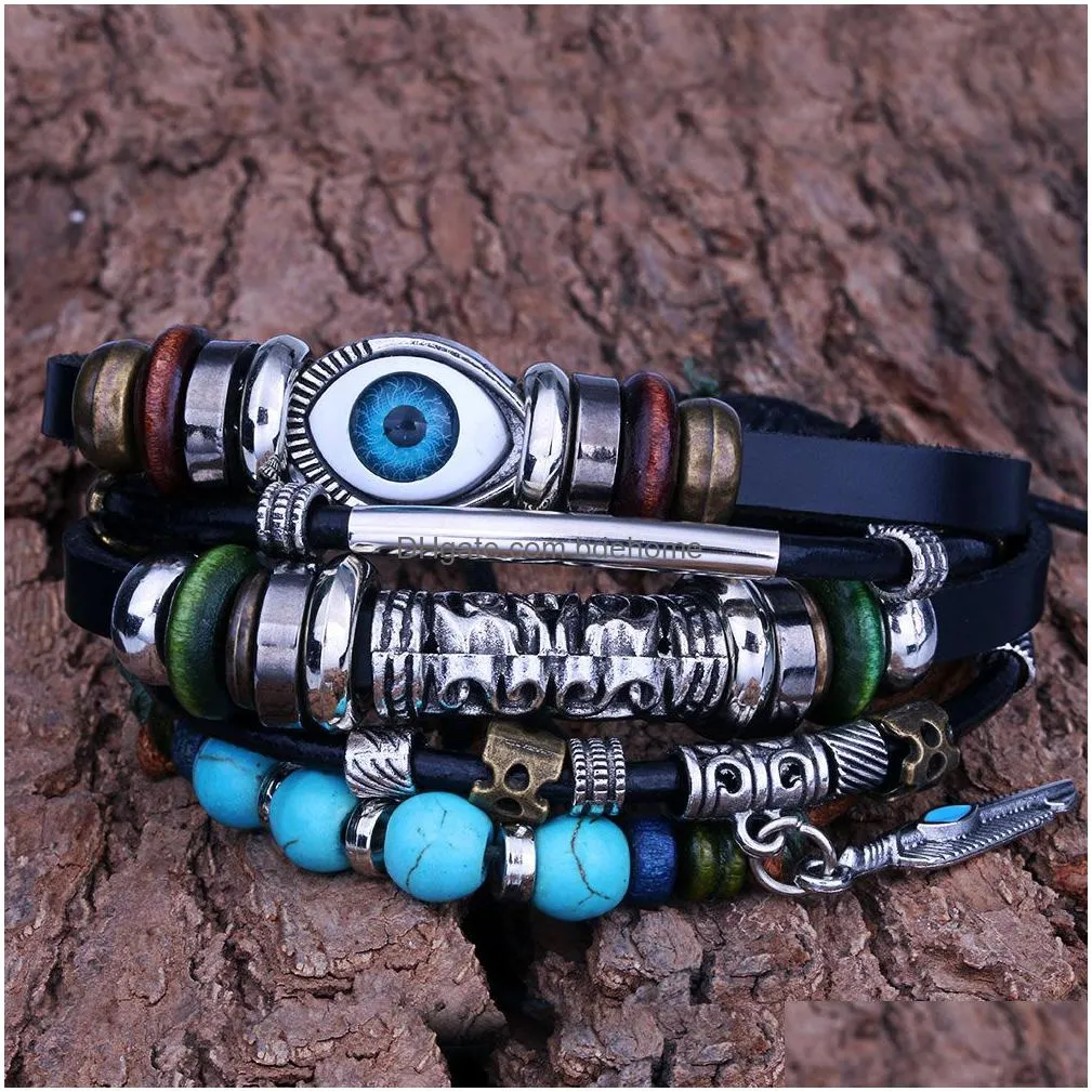 fashion turkey blue eyes leather bracelets beaded braided alloy hand for men and women bracelets lucky wholesale jewelry gift