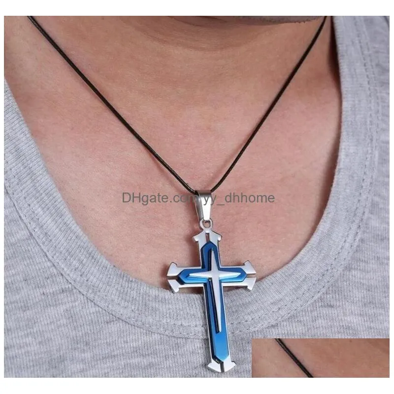 3 layer knight cross pendant necklace stainless steel chain silver gold black color jewelry gifts wholesale