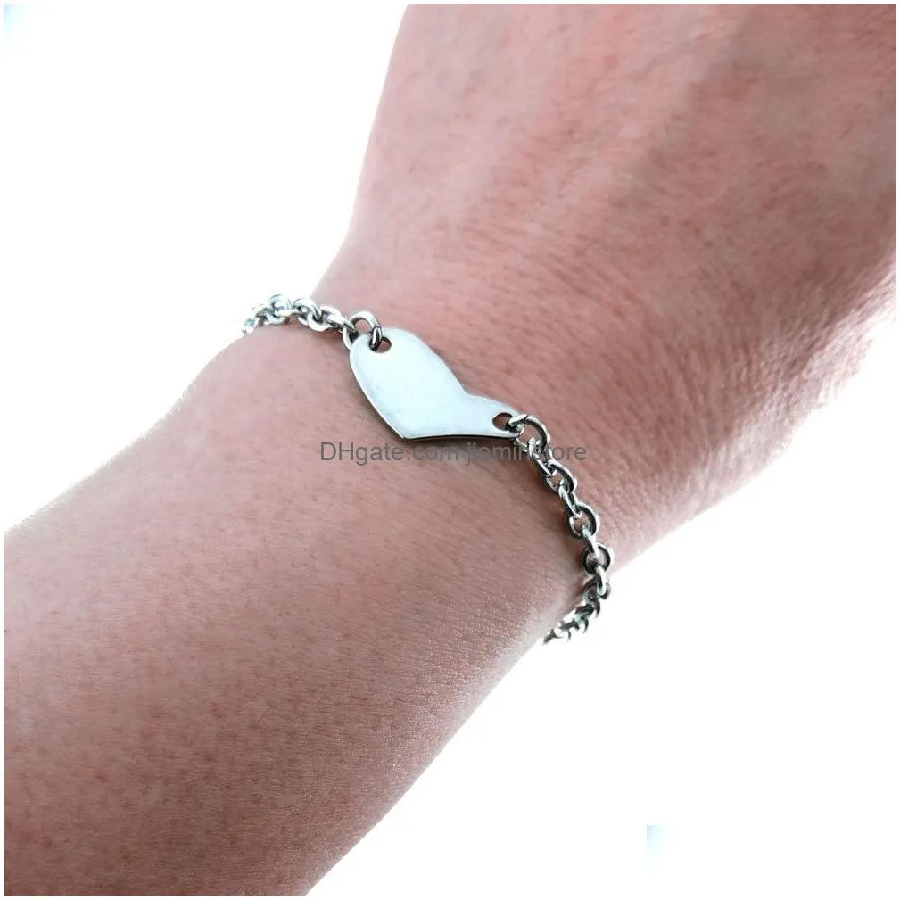 titanium steel heart oval charm bracelets stainless steel blank pendant chain own engravable bracelet for women men bracelet jewelry