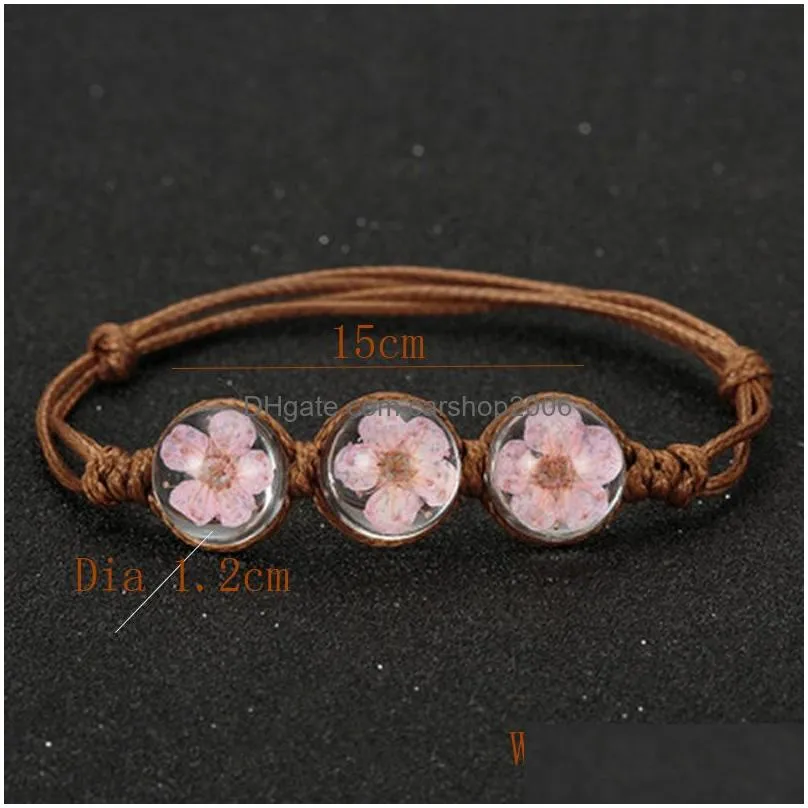 glass ball dried flower bracelet weave lucky wax string bracelet bohemia handmade woven dried purple real flowers glass beads bracelet