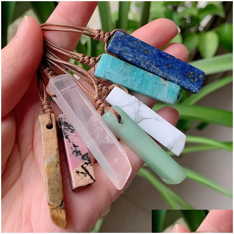 natural stone pendant raw mineral irregular rectangle quartz pendulum amazonite tiger eye lapsi pink crystal necklaces