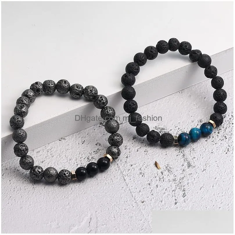 3pcs/set fashion 8mm black lava bead elastic bracelets natural tiger eyes glass bead bracelet for men women bracelet jewelry gift
