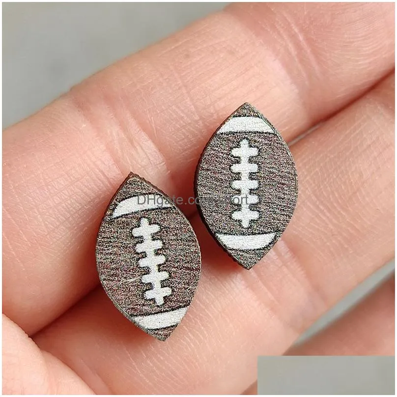 sports baseball stud earrings creative rugby football volleyball basketball wooden earrings fashion accessories