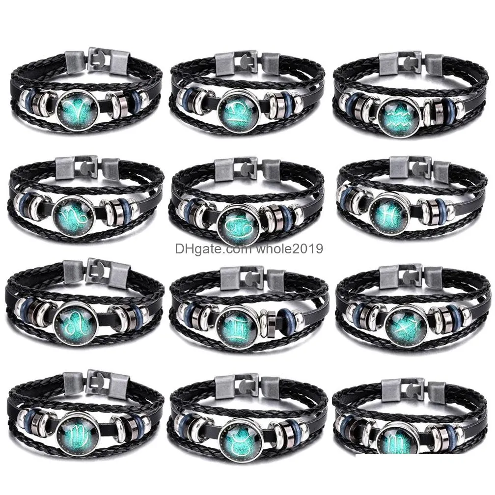 12 constellations multilayer luminous bracelet fashion diy handmade woven pu leather glass buckle zodiac beaded bracelet lovers gifts
