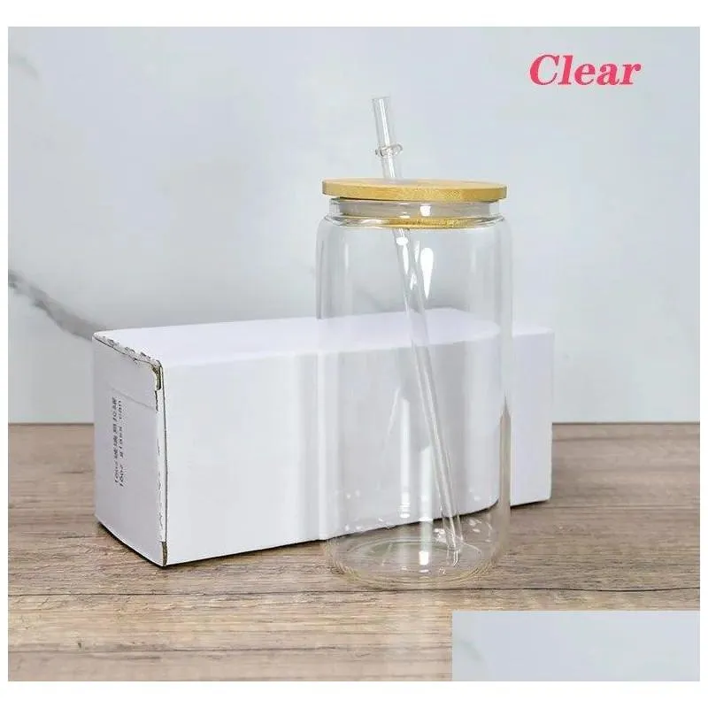 us stock 16oz sublimation glass can glasses beer glass tumbler frosted drinking with bamboo lid and reusable straw