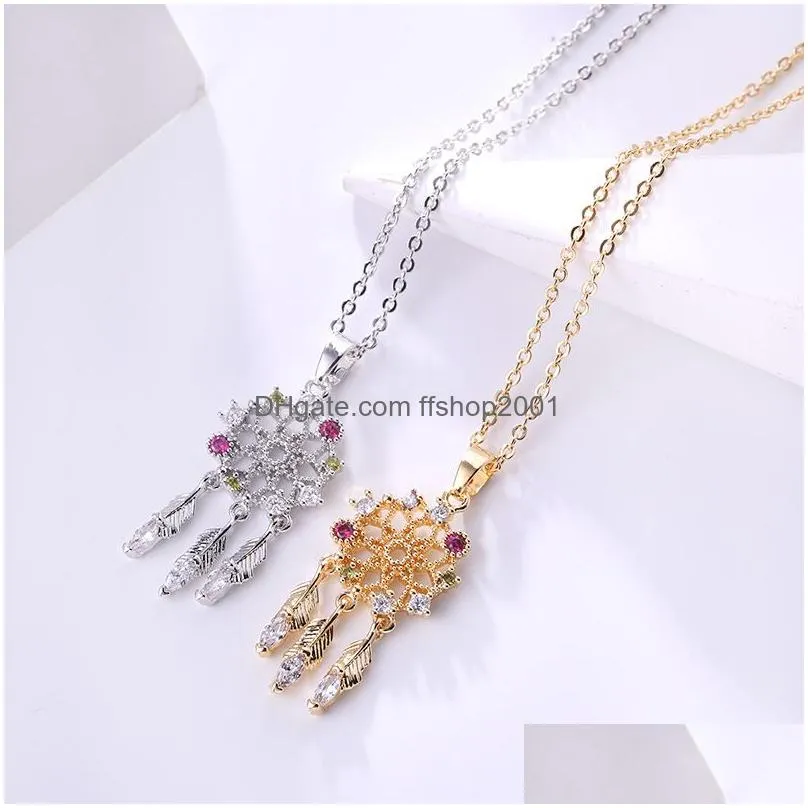 est hollow dream catcher pendant necklace for women cubic zircon gold pendant necklace feather charm fashion lady girls jewelry