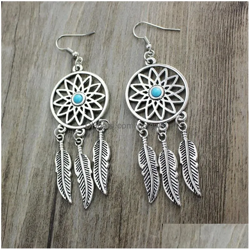 bohemian style dream catcher net feather tassel earrings for women ladies vintage silver dreamcatcher boho jewelry gift