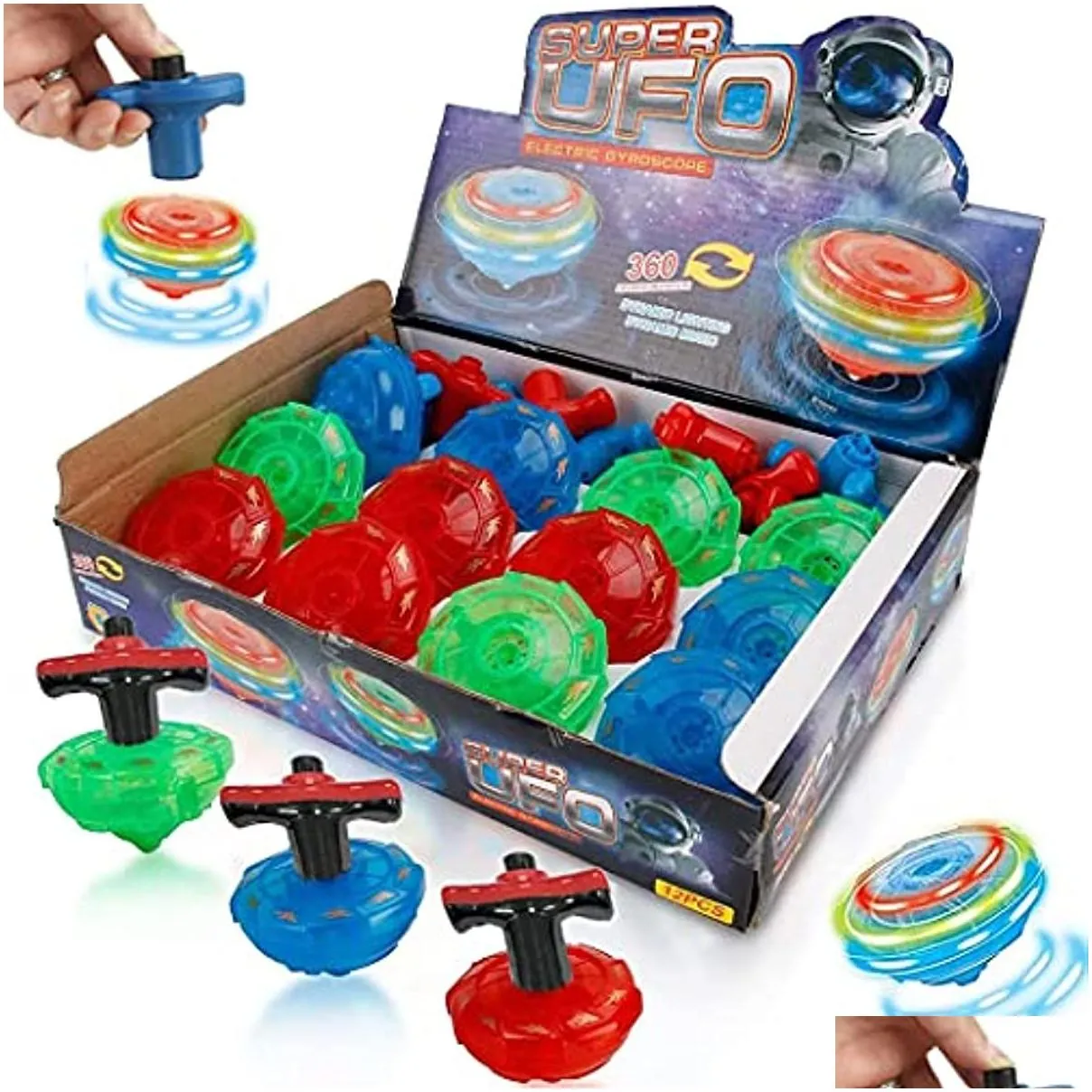 12pcs led light up top toys flashing ufo spinning tops with gyroscope novelty bulk toy party favors birthday supplies