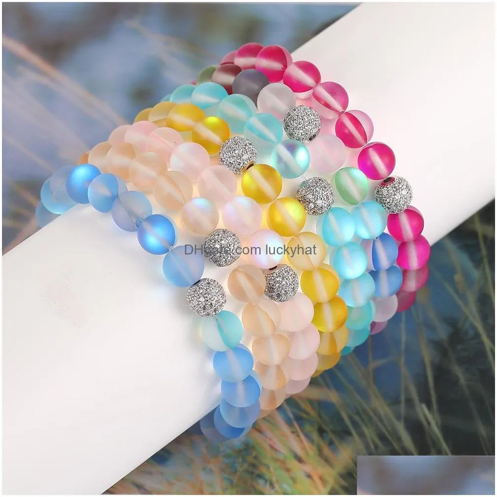 colorful natural flash stone beaded bracelet for women men dull polish frosted moonstone cz micro paved beads charm elastic bracelet