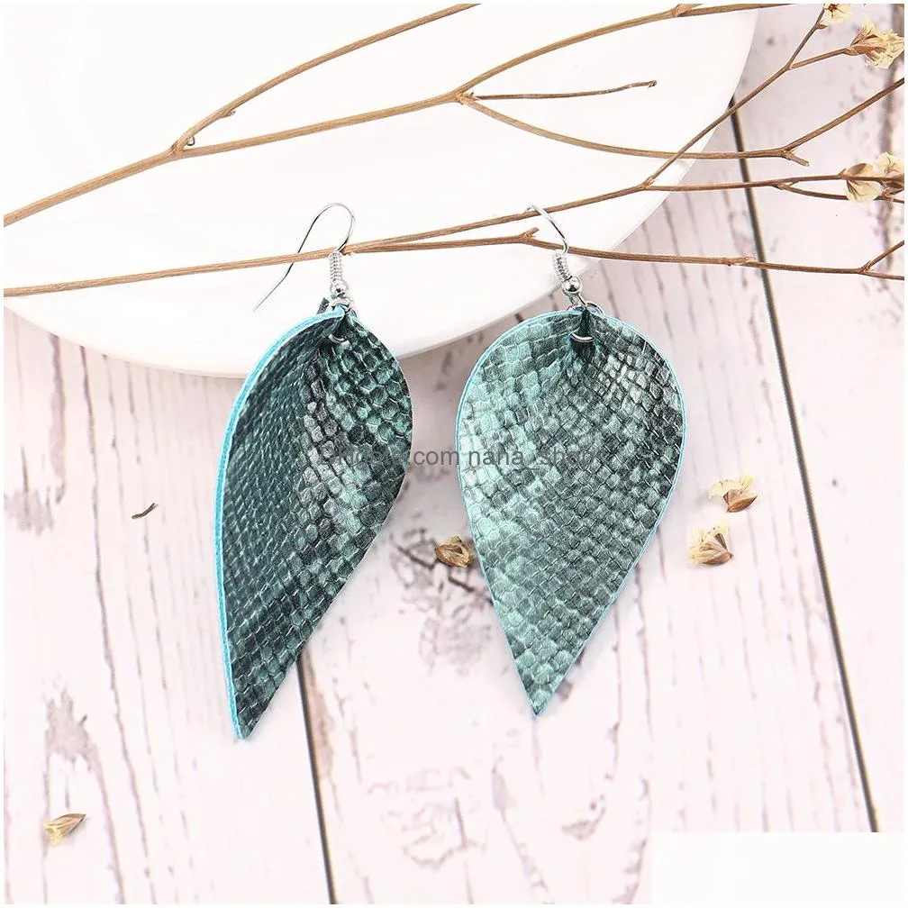 fashion design pu leather dangle earrings for women snake skin pattern light weight leaf leather hook earrings jewelry gifts