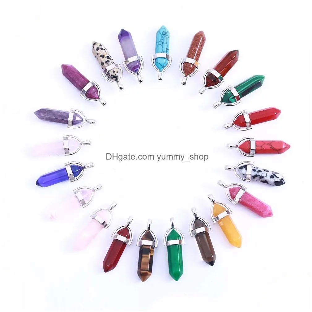 10 pcs / pack hexagonal crystal bullet shape charm for necklace and bracelets mulit color natural stone pendants diy jewelry making