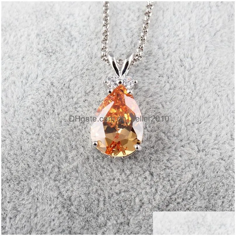 new fashion style synthetic zircon teardrop necklace silver color jewelry purple pink green austrian crystal pendant necklace women