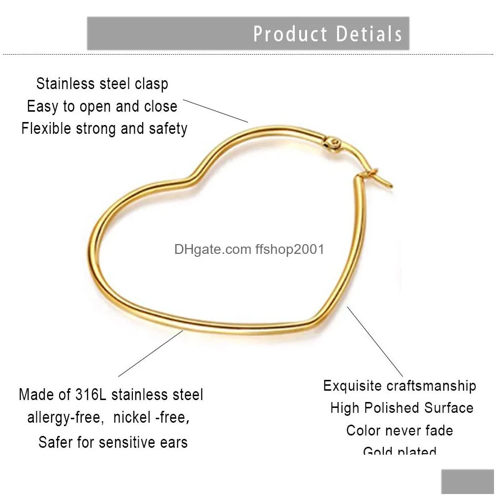 trendy big heart oval hoop earrings 20mm70mm 316l stainless steel gold silve earrings simple party round loop earrings for women