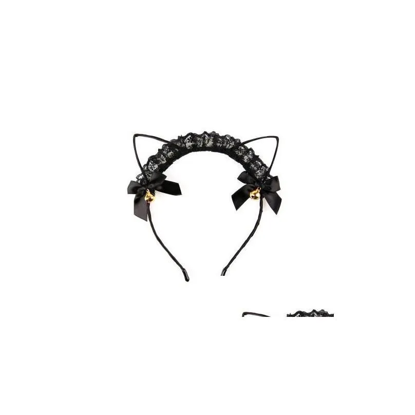 black lace cat ear headband ribbon add golden bells kawaii kitty cosplay hair band hair stick halloween christmas easter headwear